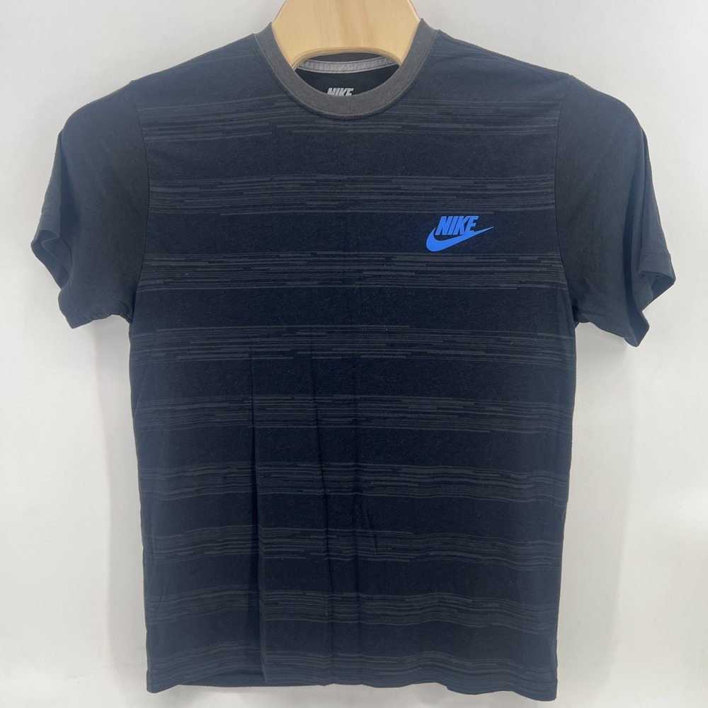 Nike Shirt Men's Large Black Striped Blue Swoosh Logo Regular Fit